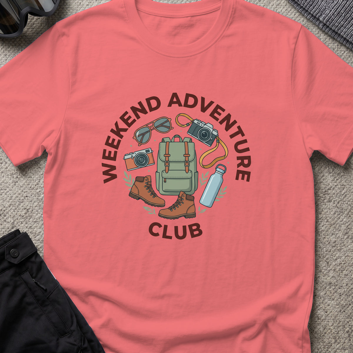 Weekend Adventure Club T-Shirt in Coral Silk, front view.
