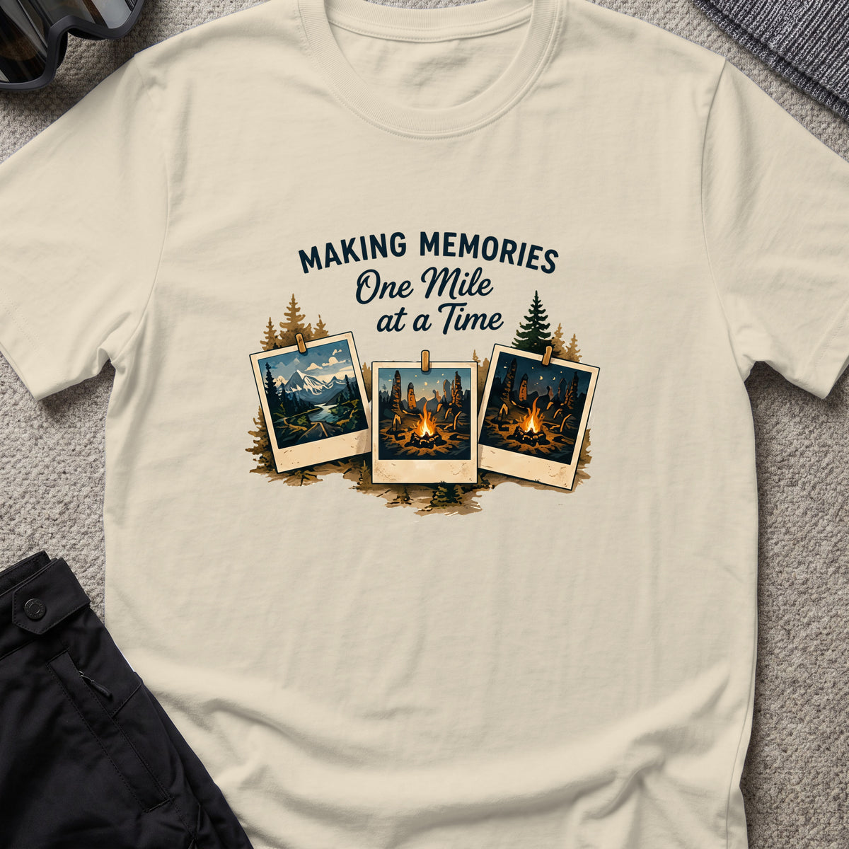 Making Memories One Mile at a Time T-Shirt in Sand, front view.