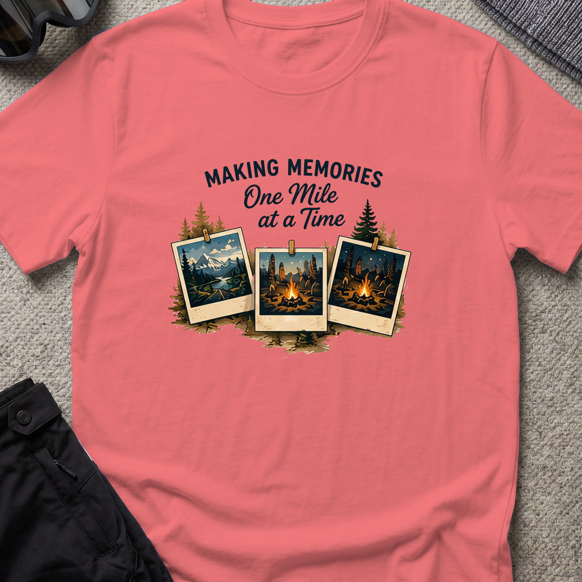 Making Memories One Mile at a Time T-Shirt in Coral Silk, front view.