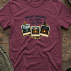 Making Memories One Mile at a Time T-Shirt in Heather Maroon, front view.