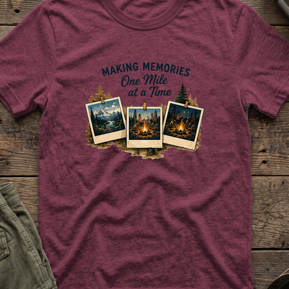 Making Memories One Mile at a Time T-Shirt in Heather Maroon, front view.