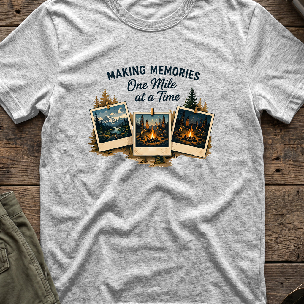 Making Memories One Mile at a Time T-Shirt in Sport Grey, front view.