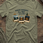 Making Memories One Mile at a Time T-Shirt in Heather Military Green, front view.