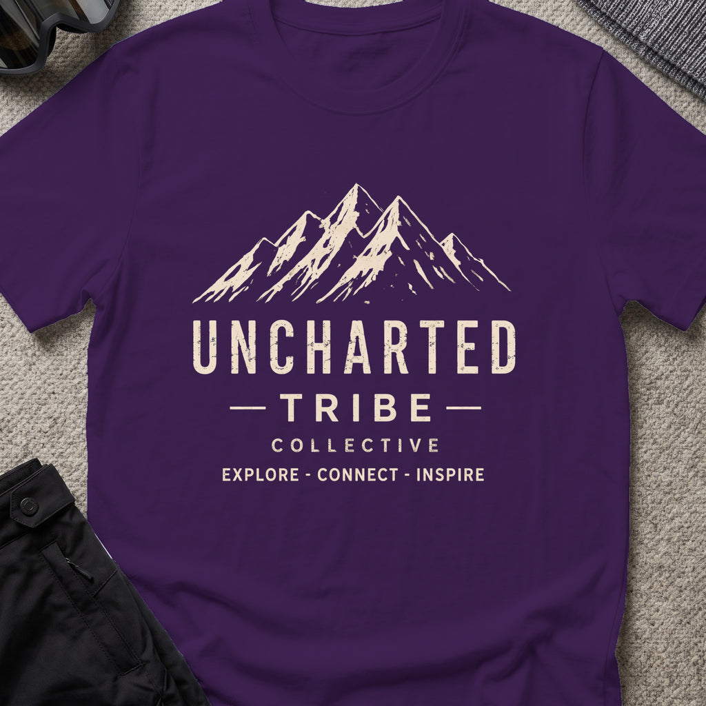 Uncharted Tribe Collective T-Shirt — Summit Wordmark in Purple, front view.
