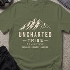 Uncharted Tribe Collective T-Shirt — Summit Wordmark in Military Green, front view.