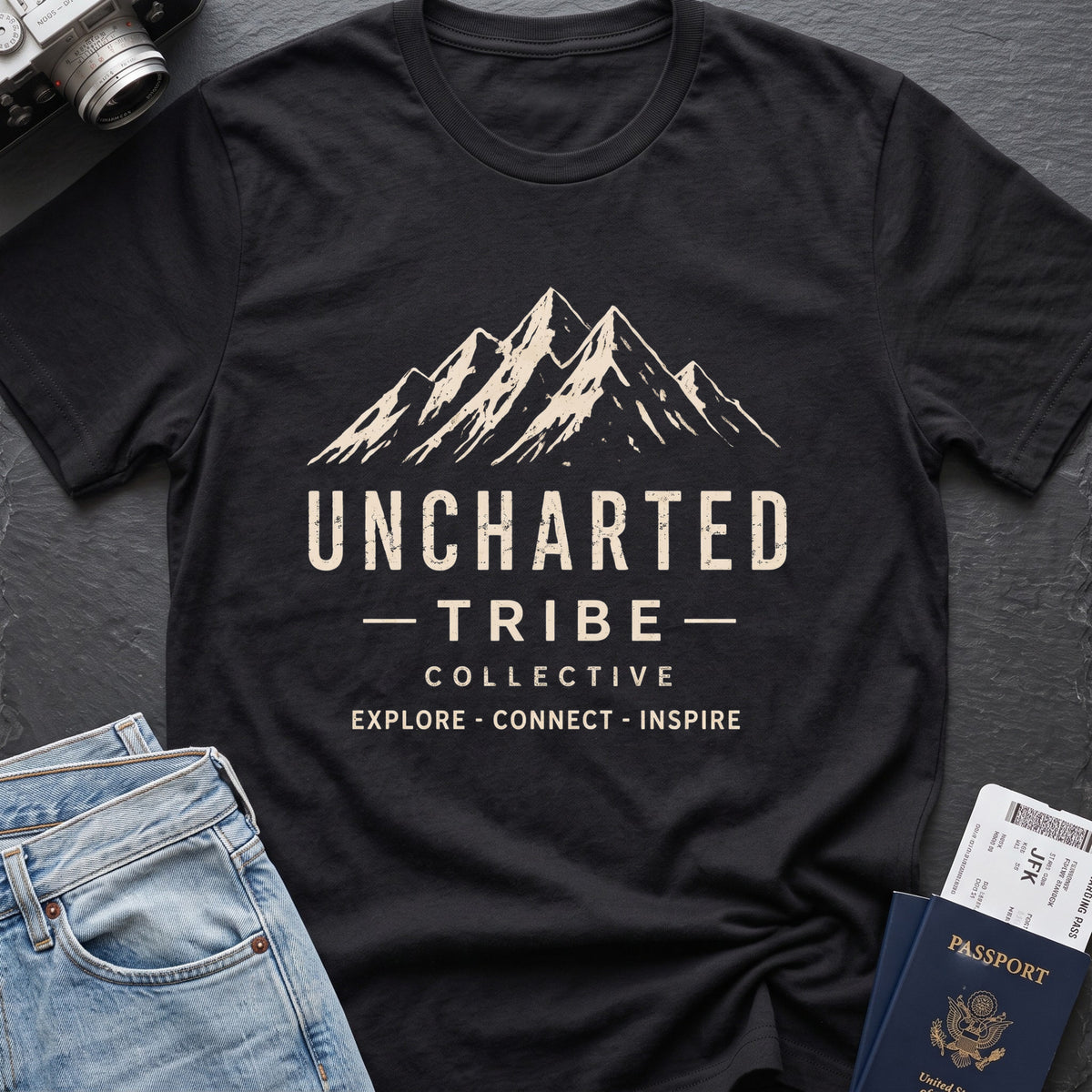 Uncharted Tribe Collective T-Shirt — Summit Wordmark in Black, front view.