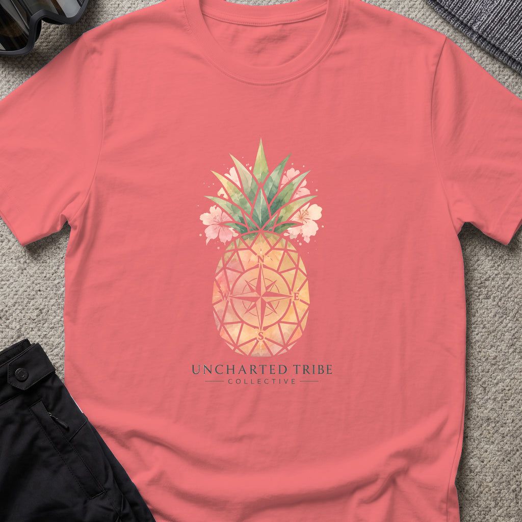 Uncharted Tribe Collective Unisex Pineapple T-Shirt in Coral Silk, front view.