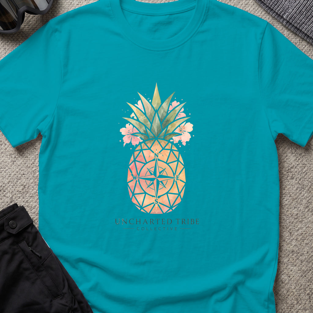 Uncharted Tribe Collective Unisex Pineapple T-Shirt in Tropical Blue, front view.