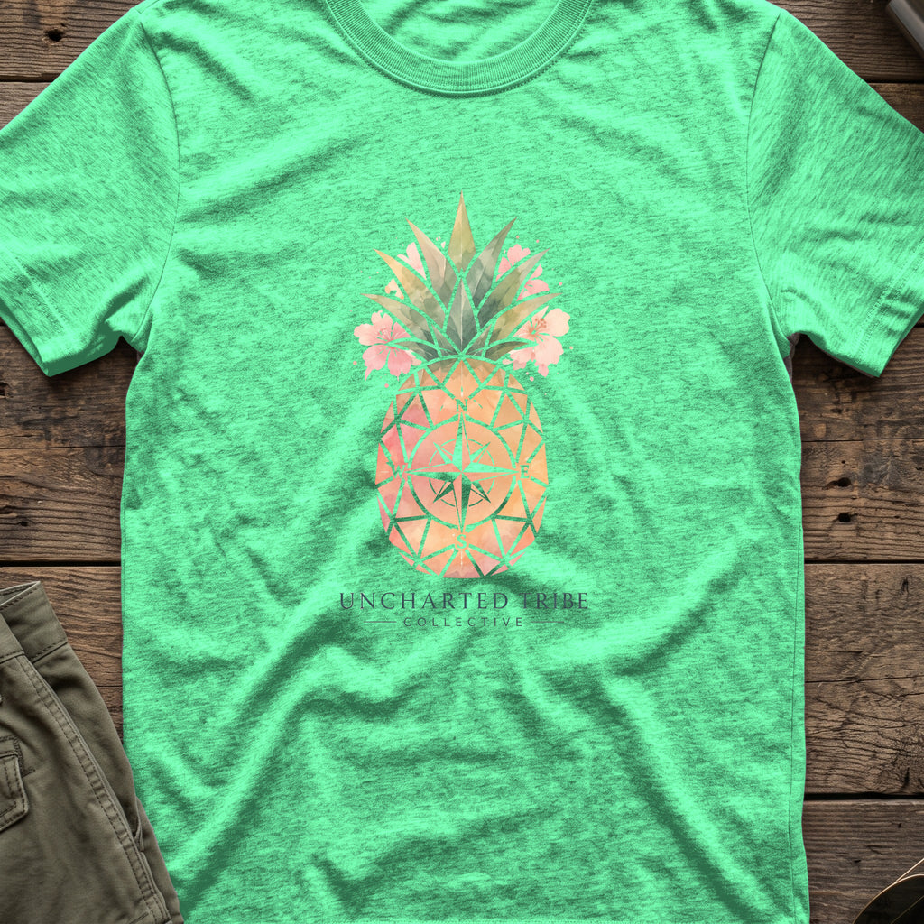 Uncharted Tribe Collective Unisex Pineapple T-Shirt in Heather Irish Green, front view.