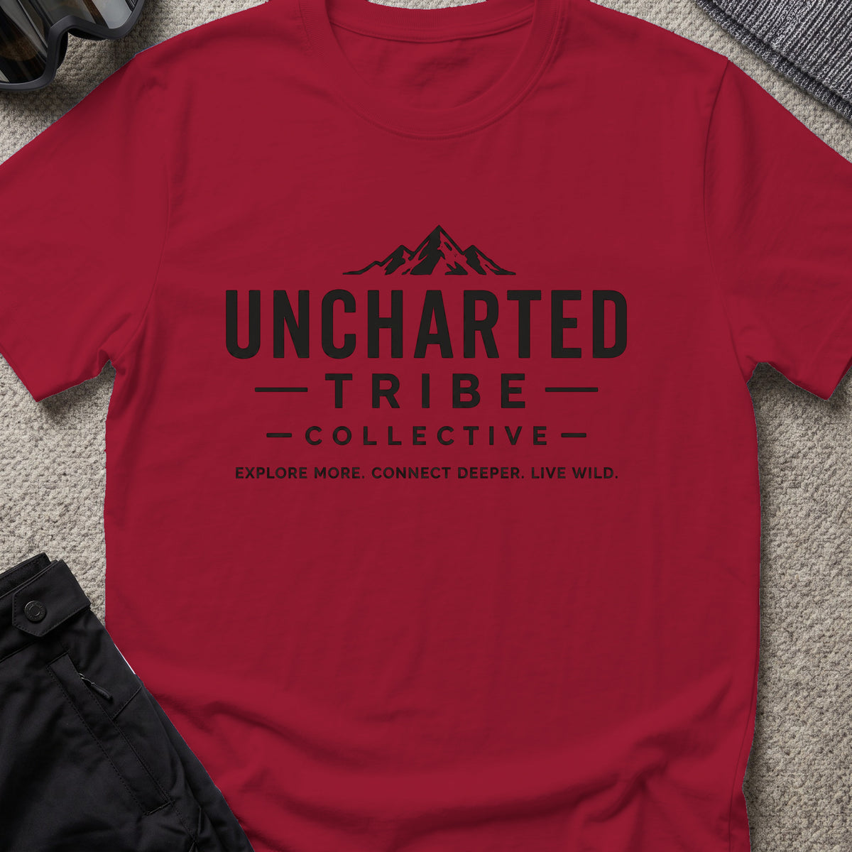 Explore More and Connect Deeper T-Shirt in Cardinal Red, front view.