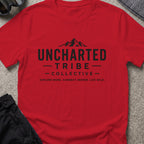 Explore More and Connect Deeper T-Shirt in Cherry Red, front view.