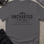 Explore More and Connect Deeper T-Shirt in Charcoal, front view.