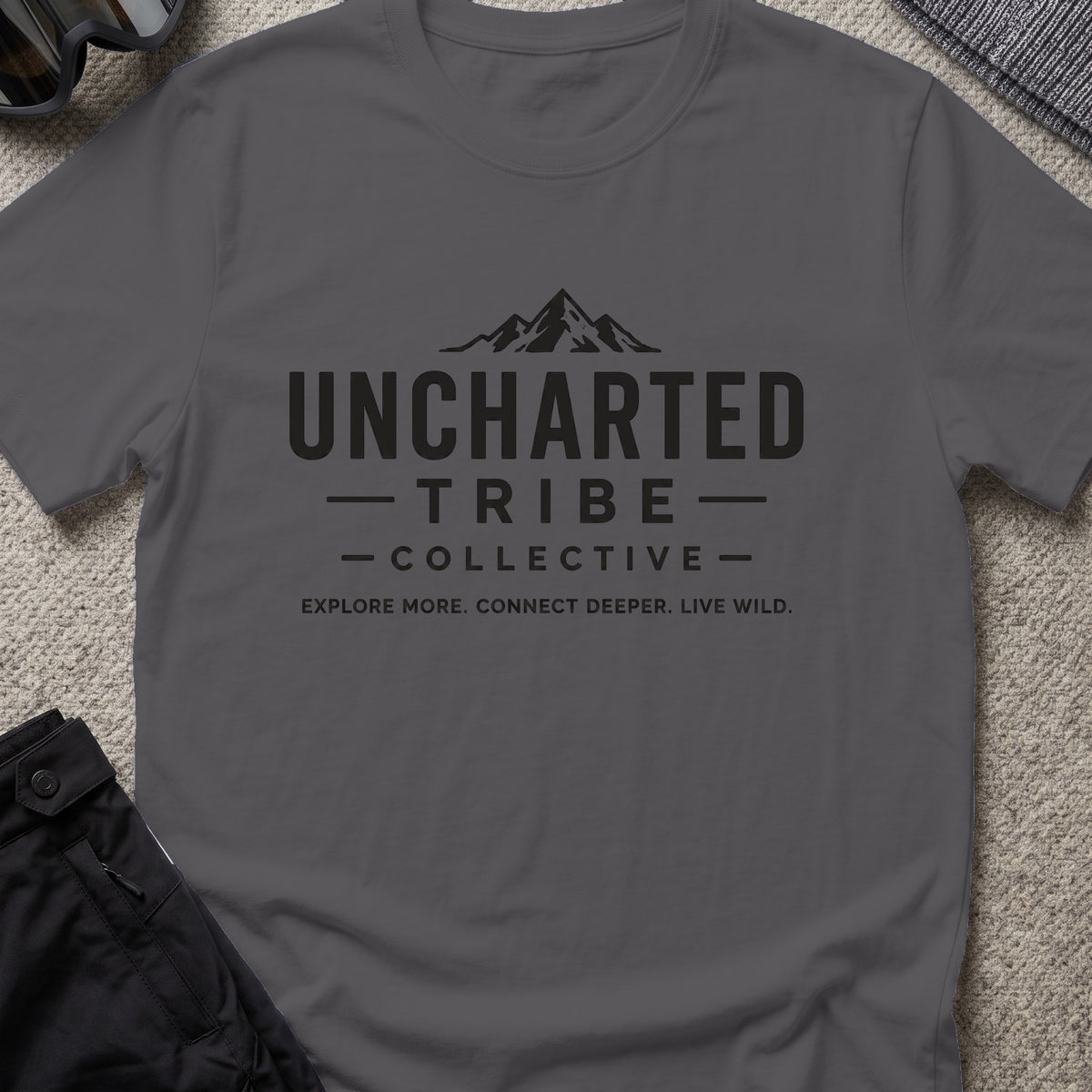 Explore More and Connect Deeper T-Shirt in Charcoal, front view.