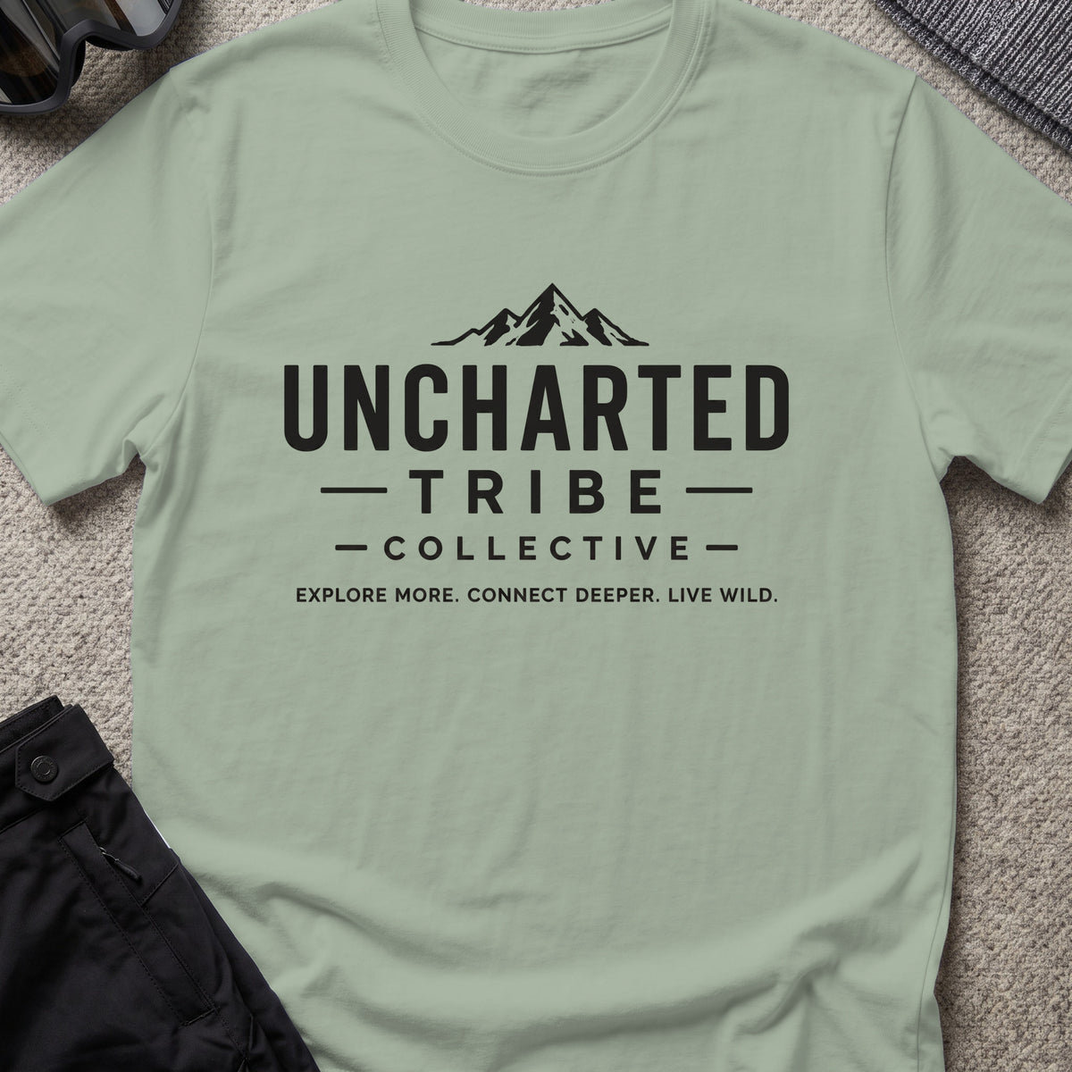 Explore More and Connect Deeper T-Shirt in Sage, front view.