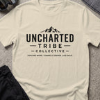 Explore More and Connect Deeper T-Shirt in Sand, front view.
