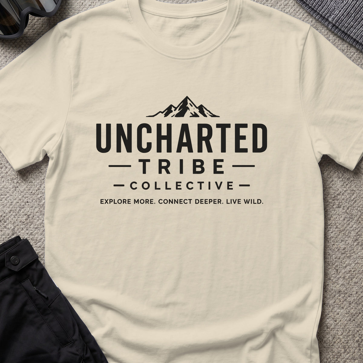 Explore More and Connect Deeper T-Shirt in Sand, front view.