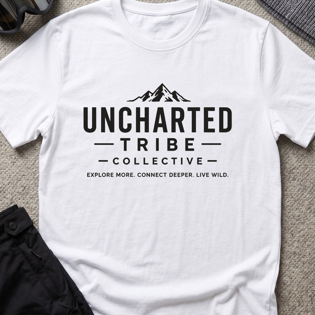 Explore More and Connect Deeper T-Shirt in White, front view.