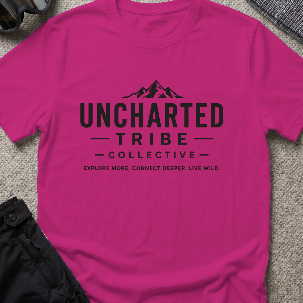 Explore More and Connect Deeper T-Shirt in Antique Heliconia, front view.