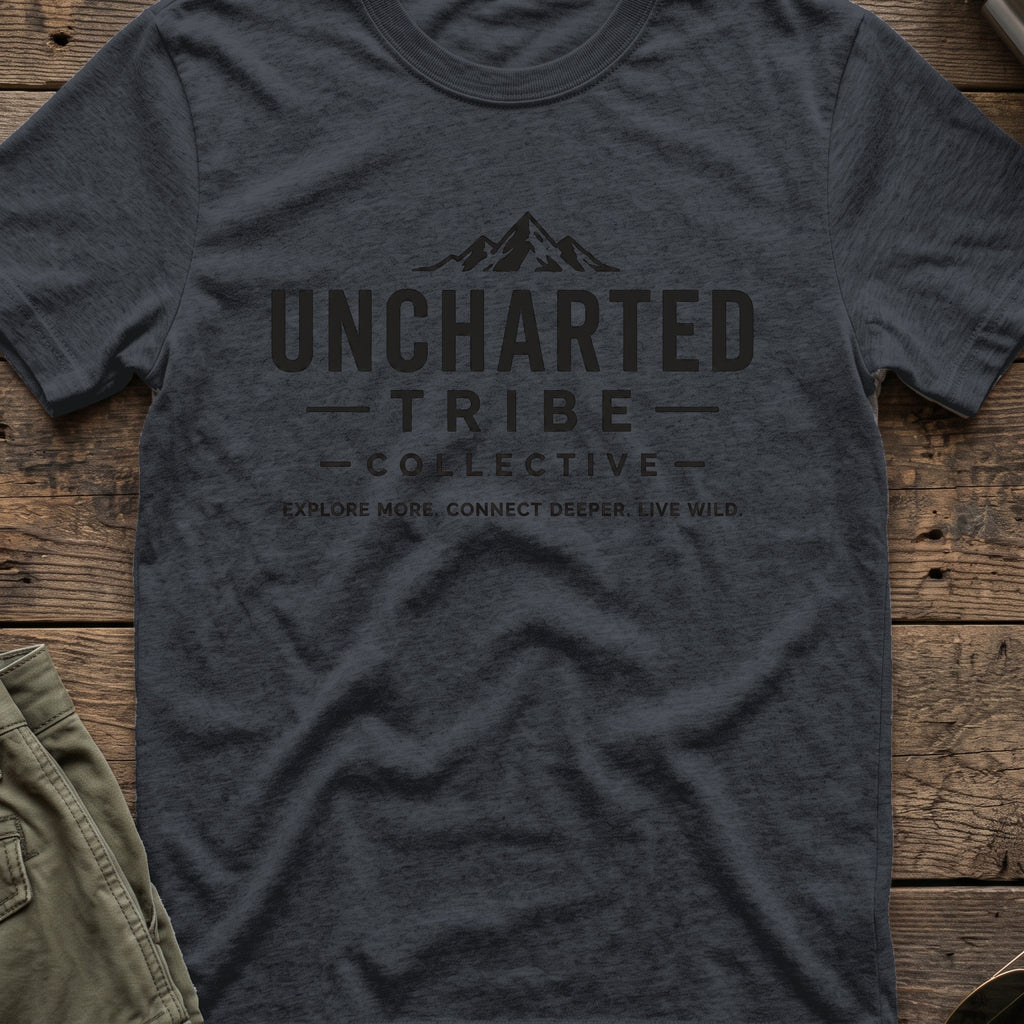 Explore More and Connect Deeper T-Shirt in Dark Heather Grey, front view.