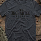 Explore More and Connect Deeper T-Shirt in Dark Heather Grey, front view.