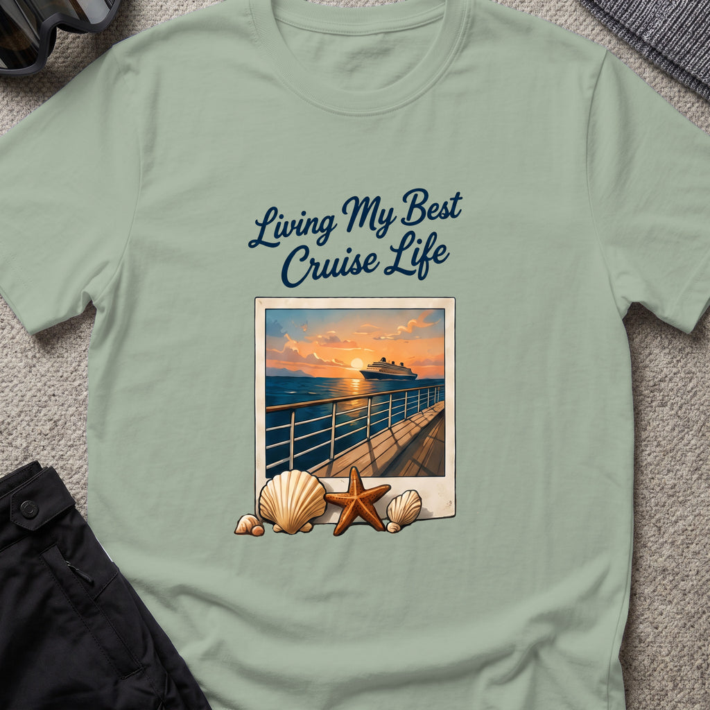 Living my Best Cruise Life T-Shirt in Sage, front view.