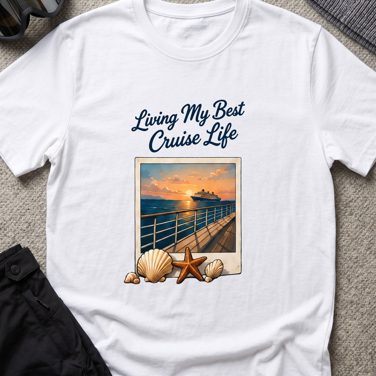 Living my Best Cruise Life T-Shirt in White, front view.