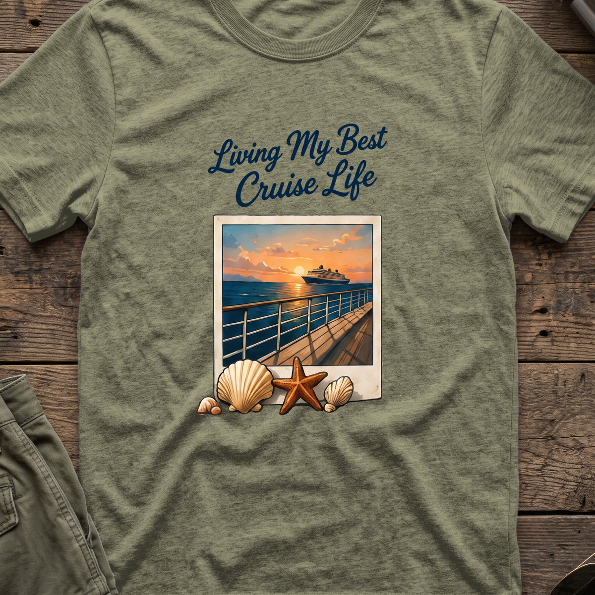 Living my Best Cruise Life T-Shirt in Heather Military Green, front view.