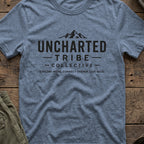 Explore More and Connect Deeper T-Shirt in Heather Indigo, front view.