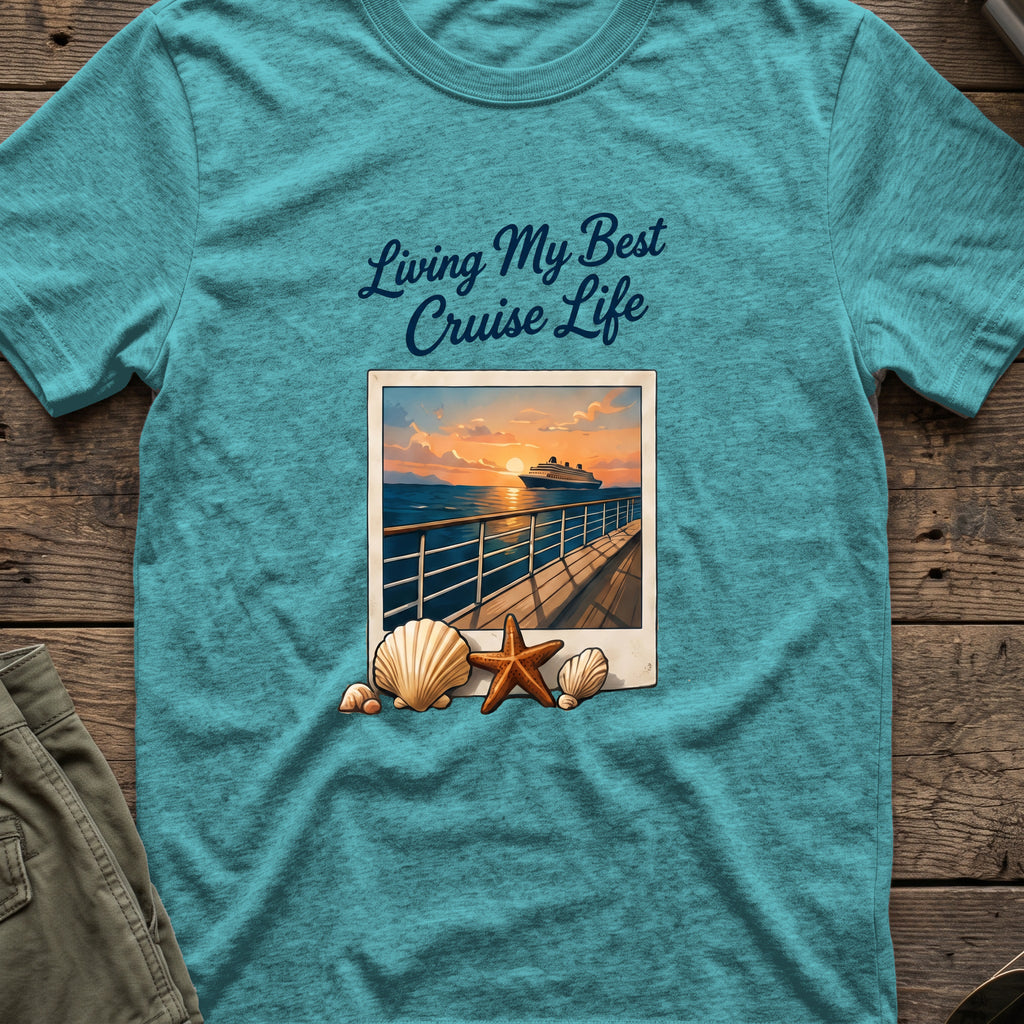 Living my Best Cruise Life T-Shirt in Heather Galapagos Blue, front view.
