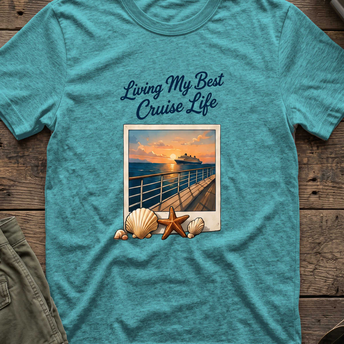 Living my Best Cruise Life T-Shirt in Heather Galapagos Blue, front view.
