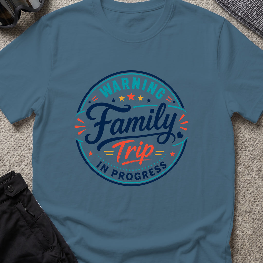 Family Trip in Progress T-Shirt in Indigo Blue, front view.
