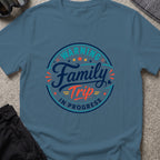 Family Trip in Progress T-Shirt in Indigo Blue, front view.