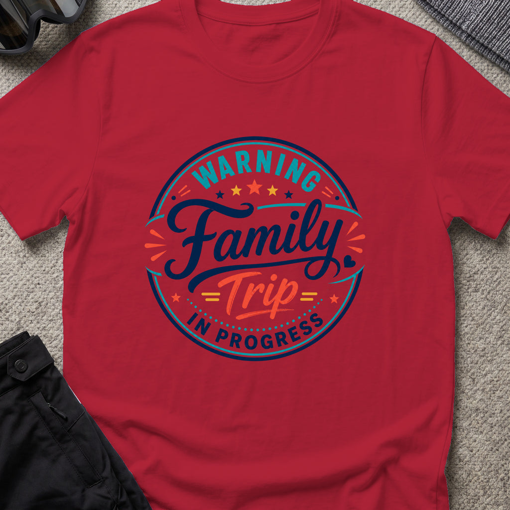 Family Trip in Progress T-Shirt in Antique Cherry Red, front view.
