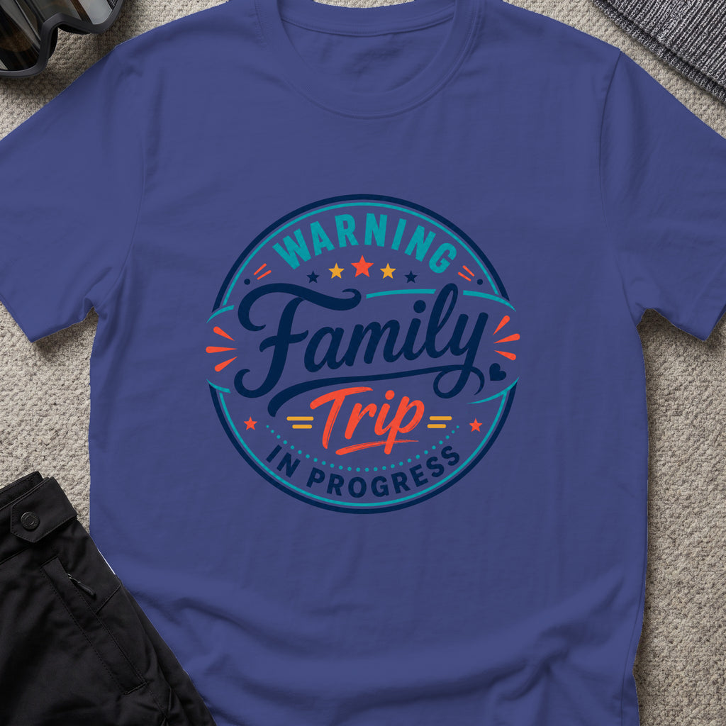Family Trip in Progress T-Shirt in Metro Blue, front view.