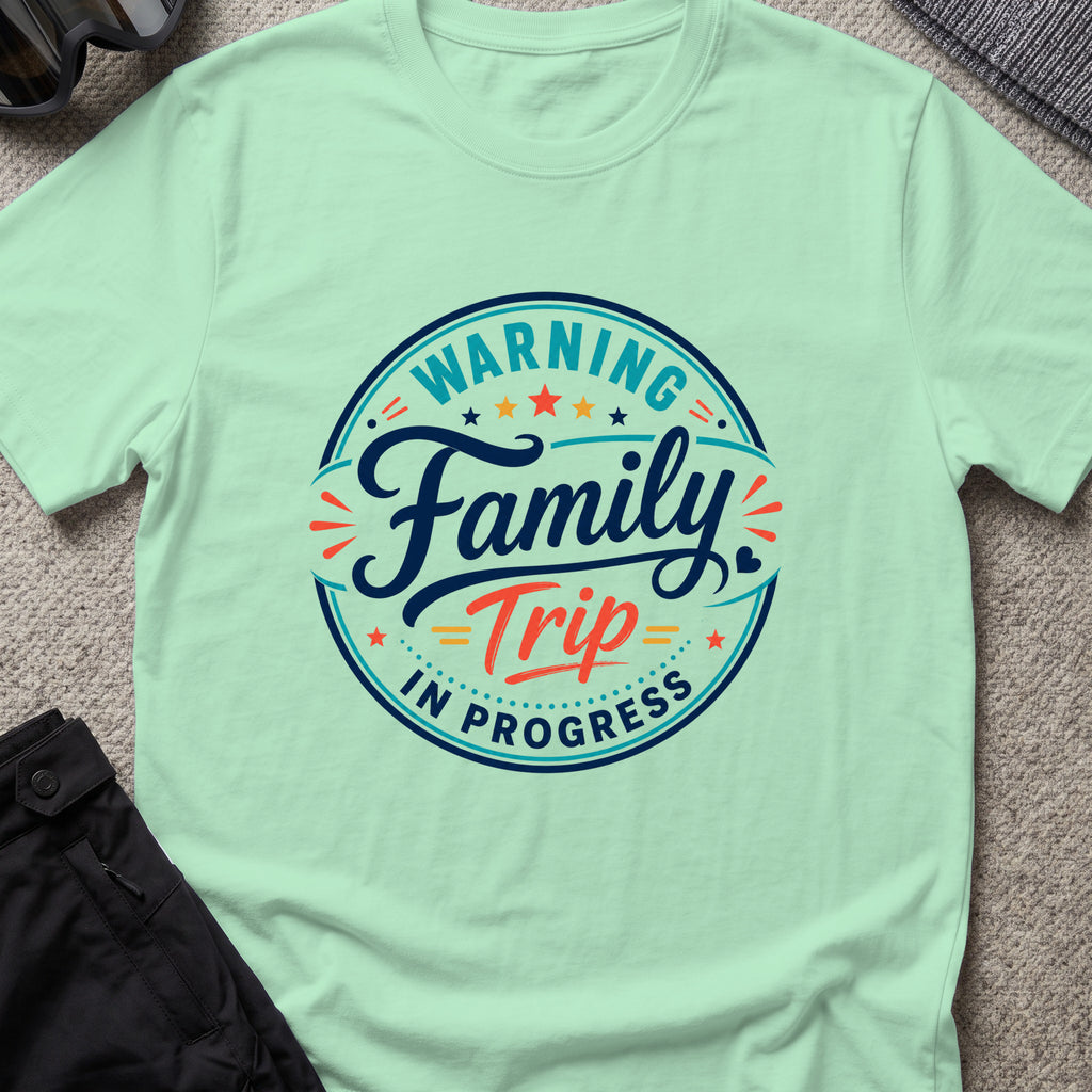 Family Trip in Progress T-Shirt in Mint Green, front view.