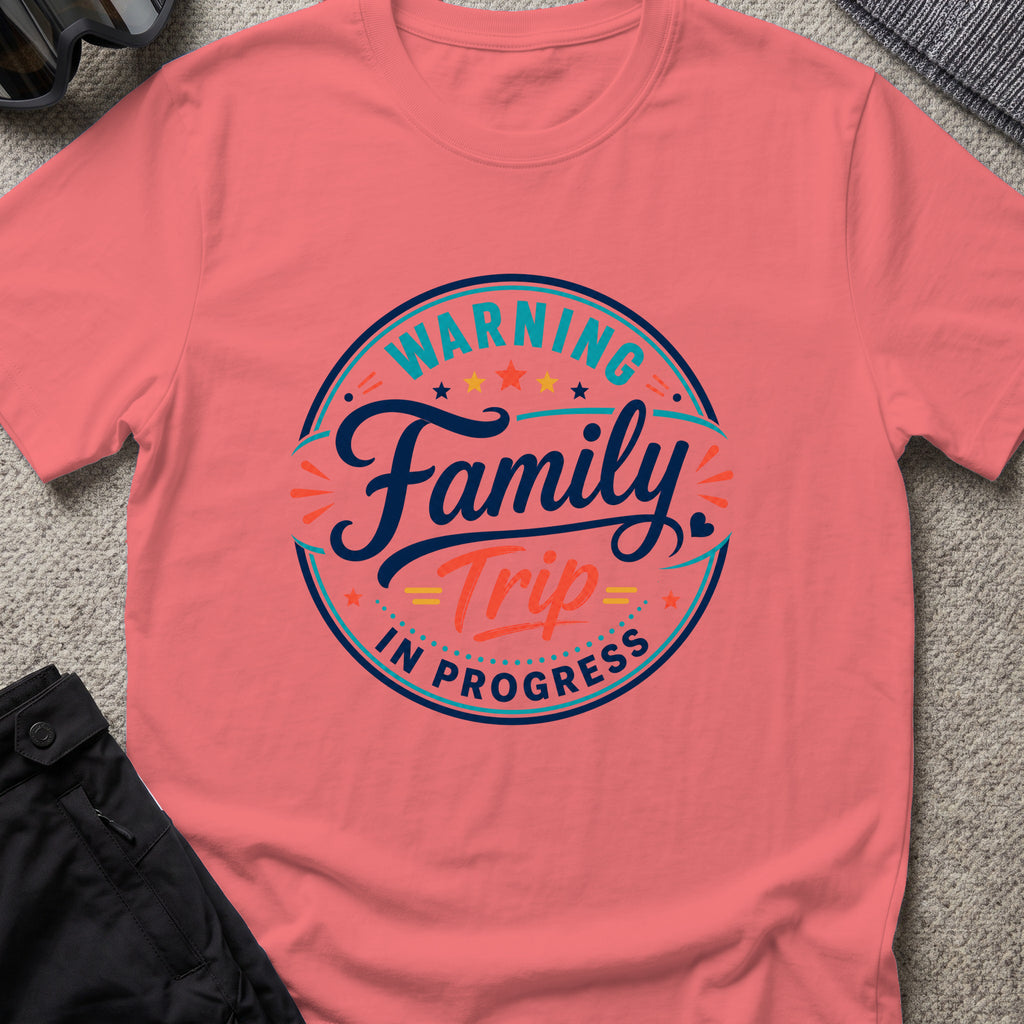 Family Trip in Progress T-Shirt in Coral Silk, front view.