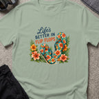 Life's Better in Flip Flops T-Shirt in Sage, front view.