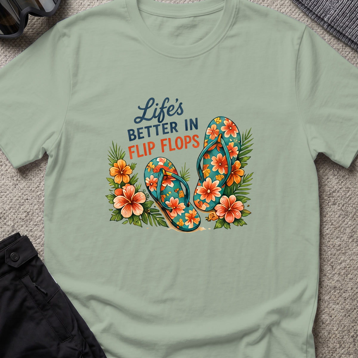 Life's Better in Flip Flops T-Shirt in Sage, front view.
