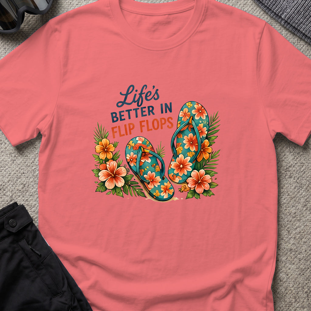 Life's Better in Flip Flops T-Shirt in Coral Silk, front view.