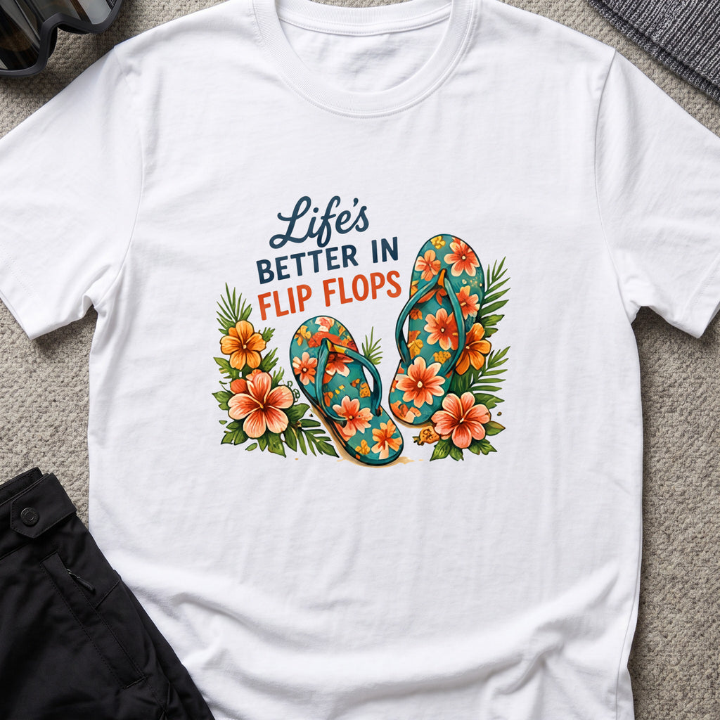 Life's Better in Flip Flops T-Shirt in White, front view.