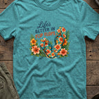 Life's Better in Flip Flops T-Shirt in Heather Galapagos Blue, front view.