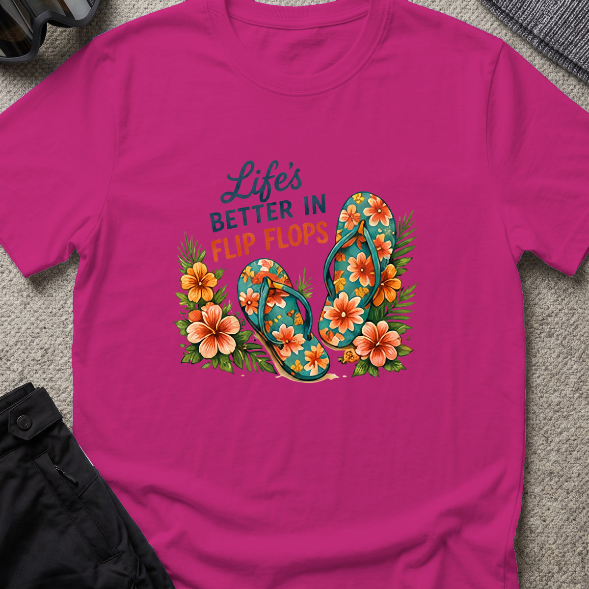 Life's Better in Flip Flops T-Shirt in Antique Heliconia, front view.