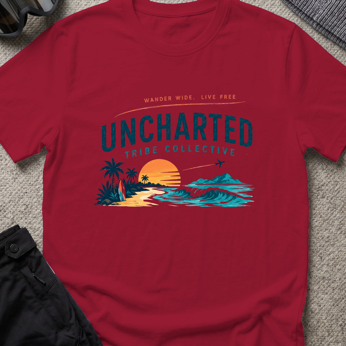 Wander Wide and Live Free T-Shirt in Cardinal Red, front view.