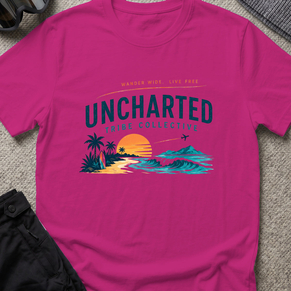 Wander Wide and Live Free T-Shirt in Antique Heliconia, front view.