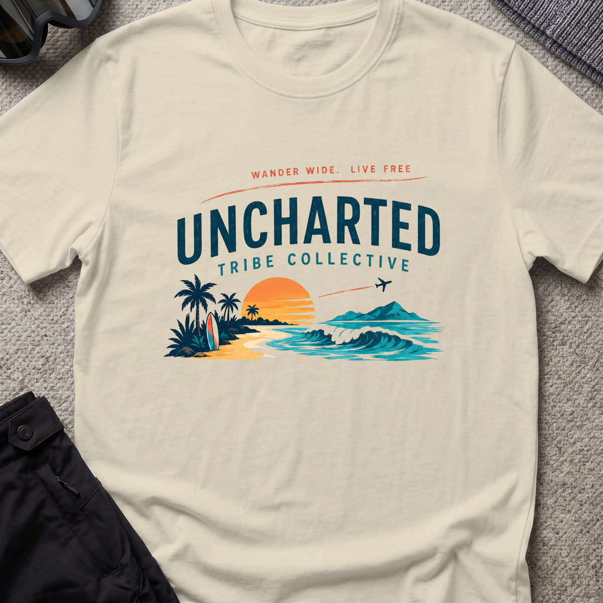 Wander Wide and Live Free T-Shirt in Sand, front view.