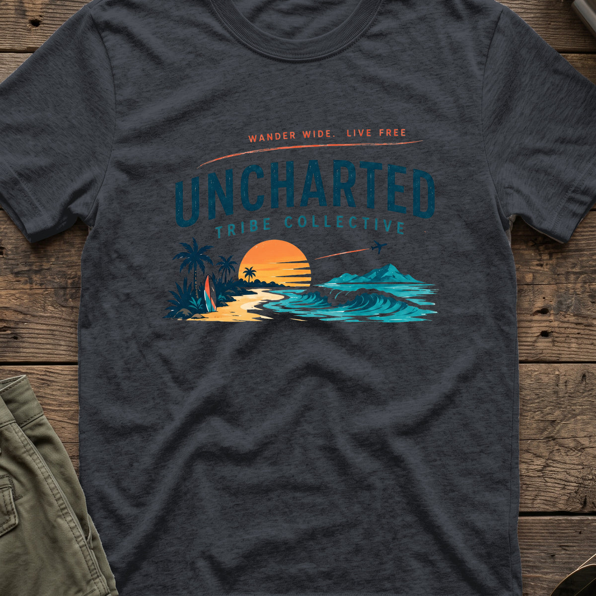 Wander Wide and Live Free T-Shirt in Dark Heather Grey, front view.