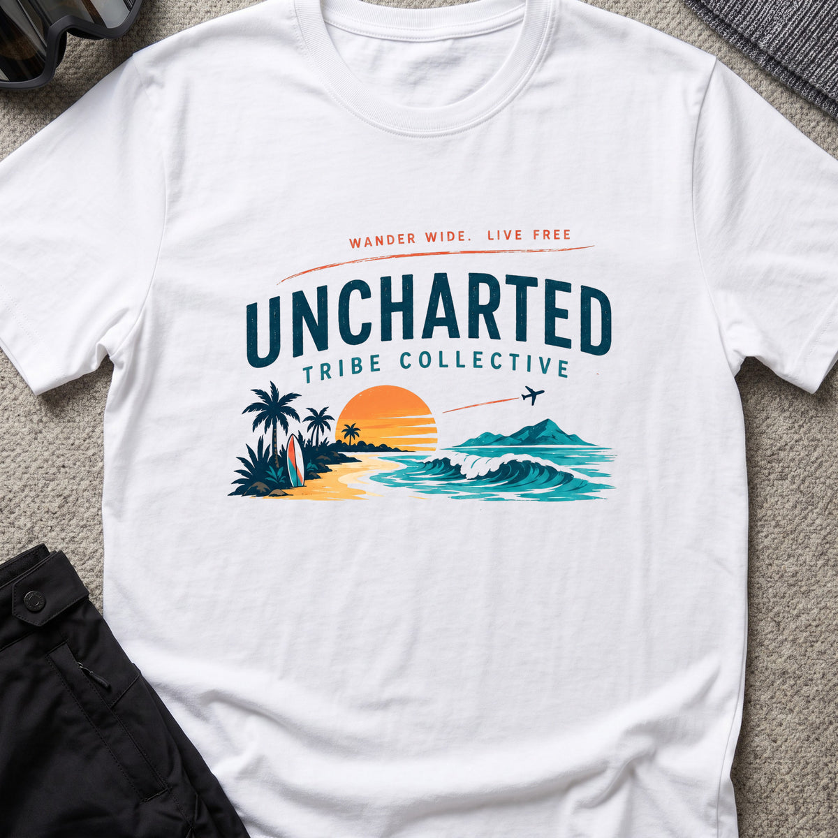 Wander Wide and Live Free T-Shirt in White, front view.