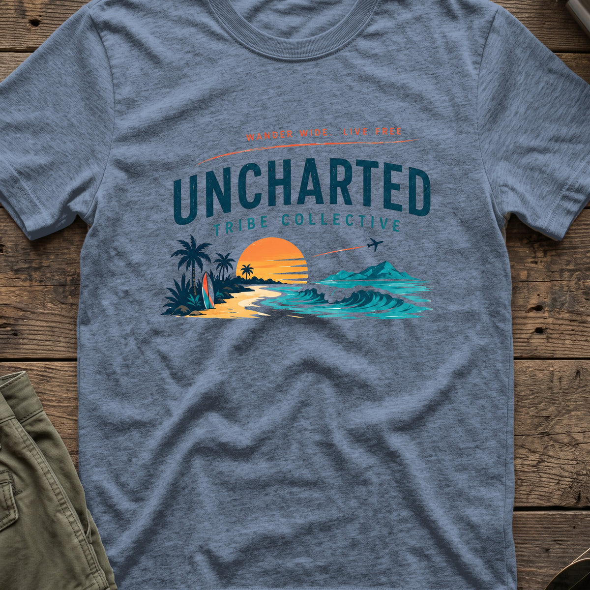 Wander Wide and Live Free T-Shirt in Heather Indigo, front view.