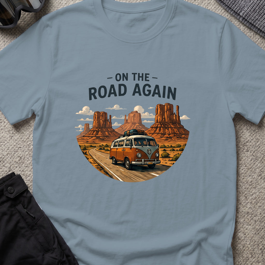 On the Road Again T-Shirt in Stone Blue, front view.