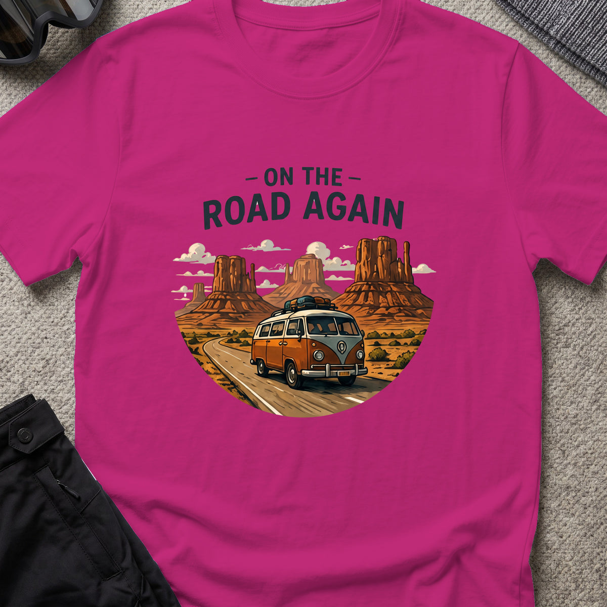 On the Road Again T-Shirt in Antique Heliconia, front view.